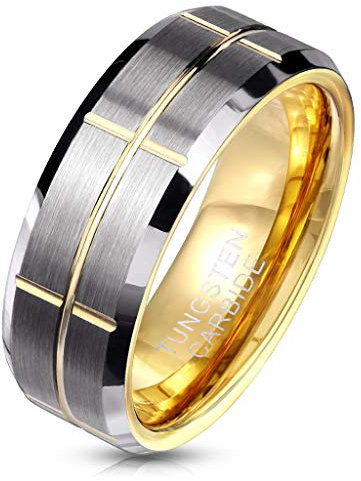 Paula & Fritz® Ring Herren Wolframcarbid Gebürstet Tiefe Rillen Gr. 59 (18,8) Gold-Silber 8-mm Breit Herren-Ring Partnerring Damenring Verlobungsring