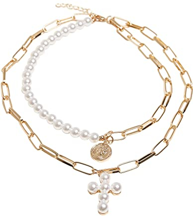 Urban Classics Pearl Cross Layering Necklace, pearlwhite/gold, one size