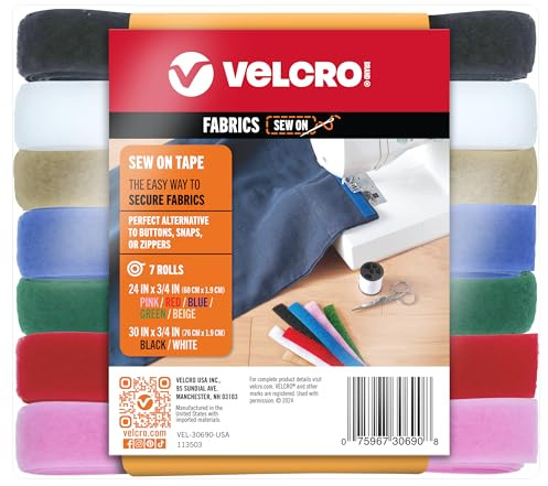 Velcro, nastro adesivo da cucire 4,6 m x 9,2 cm, confezione da 7 colori per tessuti, abbigliamento e artigianato, sostituzione per bottoni a pressione e bottoni, strisce tagliate a lunghezza