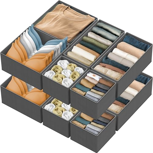 Simple Houseware Foldable Cloth Storage Box Closet Dresser Drawer Divider Organizer Basket Bins for Underwear Bras, Dark Grey, (Set of 12)