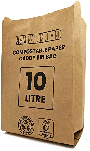 A&M Natural Living 50 x 10 Litre Paper Food Waste Caddy Bin Liners Bags, 100% Compostable And Biodegradable Sustainable Brown Paper Sack Pack, EN13432 Certified (50 Bin Bags)