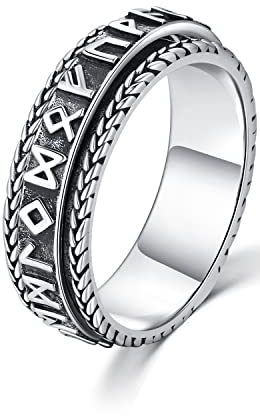 Wikinger Ring für Herren 925 Sterling Silber Nordische Wikinger Runen Spinner Ring, Anti-Stress Drehbarer Ring Vintage Punk Viking Schmuck für Herren Damen (54(17.2))