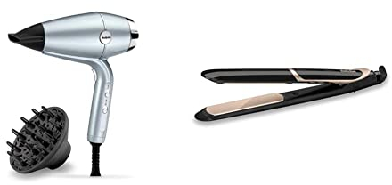 BaByliss Hydro-Fusion Haartrockner mit Advanced Plasma Ionen-Technologie, D773DE, Eisblau & Super Smooth 235 Glätteisen mit Ionen-Technologie 140°C - 235°C ST393E