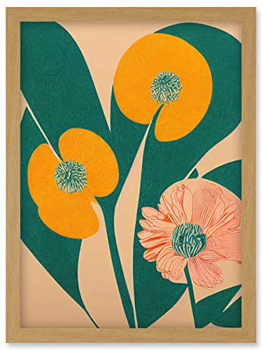 Wee Blue Coo California Poppy Flower Blooms Turquoise Leaves Bright Artwork Framed Wall Art Print A4