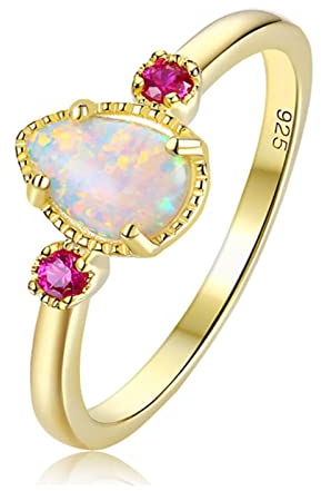 925 Silver Female Ring Retro Light Luxury Round fire Coloured Synthetic Opal Ring Woman Wedding Mother's Day Birthday Gift Jewellery with Gift Box,Gold,6