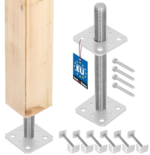 KOTARBAU® Pfostenträger höhenverstellbar 80x80 mm, Gewinde M24x250 mm | Balkenschuh zum Aufschrauben, Stützenfuß für Zaunpfosten & Holzbalken, verzinkter Stahl, Silber, 6er Set