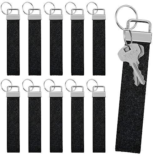 Nuenen 10 Stück 13 x 2,7 cm Filz Schlüsselanhänger mit Edelstahl Ring Filz Schlüsselanhänger zum Basteln DIY Dekoration Filzanhänger Schlüsselband Glücksbringer für Tasche Auto (Schwarz)