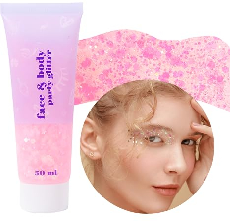 Prreal Body Glitter Gel 50ml, Face Glitters Body Gel Sequins Shimmer Liquid Eyeshadow, Chunky Glitter for Face Hair Nails, Holographic Cosmetic Laser Powder Festival Glitter Makeup#Light pink