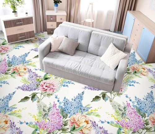 Floor Wall Stickers Removable Mural Decals 3D Lilac Peony Floor Wallpaper Murals,300 * 210cm Floor Tiles Mural Sticker Bathroom Bedroom PVC Home Decor self-Adhesive Vinyl Wallpaper