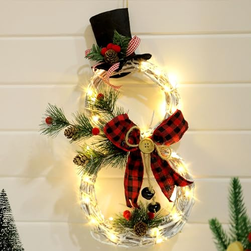 Türkranz Weihnachten Beleuchtet mit Timer, Weihnachtskranz Weihnachtsdeko Hängend, Fensterdeko Tür Kranz Weihnachten, Schneemann Deko (Rot)