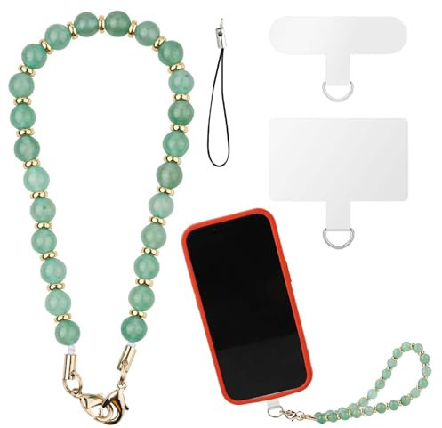 XIHIRCD Phone Lanyard Wrist Strap, Crystal Stone Beaded Phone Charm Wrist Strap, Detachable Bracelet Phone Strap Chain with 2pcs Tether Tabs Gift for Women Girls(Green)