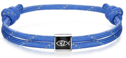 J.Endéar Nautical Surf Armband für Herren, Christian Fish Armband Silber 925 für Damen, Paracord Segeltau Armband Blau für Jungen