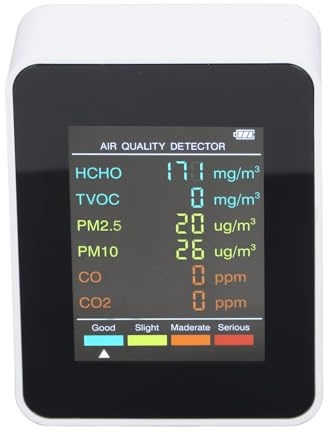 CO2-Detektor, CO2-TVOC-HCHO-PM2.5-PM10-Sensormessgerät mit Hintergrundbeleuchtetem LCD-Bildschirm, Temperatur- und Feuchtigkeitssensor mit Integriertem Alarm (WHITE)