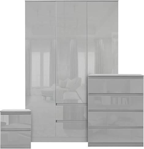 Blisswood High Gloss Bedroom Furniture Set 3 Piece Bedroom Set With High Gloss 3 Door Wardrobe & 4 Drawer Chest of Drawer + 2 Drawer Bedside Table Cabinet for Bedroom Storage Furniture Set (Grey)