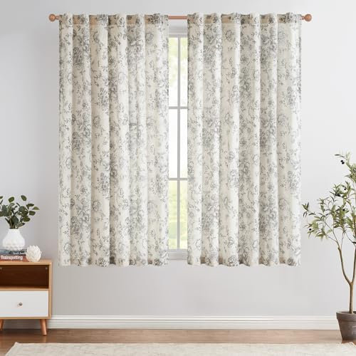 TOPICK Leinen Gardinen Floral Vorhänge mit verdeckten Schlaufen Lichtdurchlässig Bauernhaus Lang Gardinen Fensterschal für Wohnzimmer Schlafzimmer Fenster,2er Set 140 B x 145 H (cm),Grau auf Beige