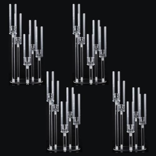 VINCIGANT 4 Set Acryl Candelabra Mittelstücke für Hochzeit, Clear 5-Arm Kerzenhalter mit Acryl Schatten für Dinner Party Valentinstag Mittelstücke für Tischdekoration Fit 2.2cm LED Kerze(Ohne Kerzen)