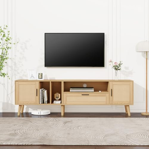 ModernLuxe TV Stand Cabinet with PE Rattan Decoration, Stylish TV Unit with 2 Doors, a Drawer and 3 Open Storage Shelves, Solid Wood Legs, Spacious TV Cabinet for 80 inch TV, Oak, 180x40x54cm