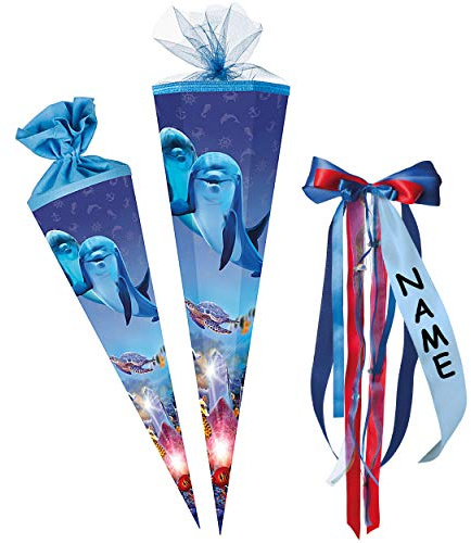 alles-meine.de GmbH Schultüte - mit 3D Glitzer - Effekt ! - Delfin - Fische Unterwasser - 22-85 cm - Größe wählbar - rund - incl. individueller großer Schleife - mit Namen - ..