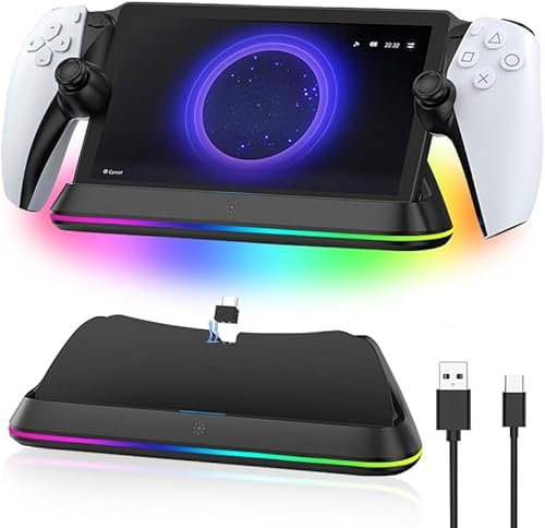 AriKroii Stazione di Ricarica per PS Portal Remote Player, Supporto di Ricarica per PS5 Portatile,Caricatore Magnetico Type-C per ps5 console con 7 Luci RGB Led,per Playstation Portal Accessori