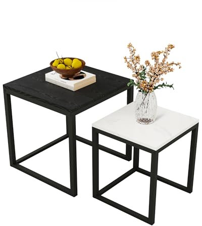 VERFARM Couchtisch für Wohnzimmer, 2er Set, Wohnzimmertisch,Satztische, Quadratisch Beistelltisch mit stabilem Metallrahmen, Vintage-Flair, schwarz-weiß
