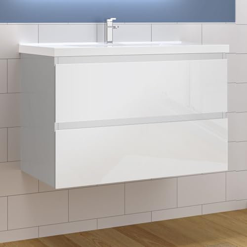 Aica Sanitär Waschtisch mit Unterschrank 80cm Alast Badmöbel Set Hochglanz Weiß Waschbecken mit Unterschrank MDF Softclose