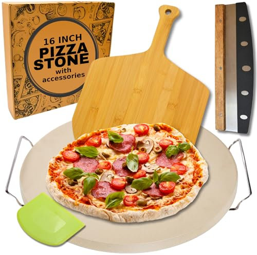 Pierre à pizza ronde – Grande pierre à pizza de 40,6 cm – Pierre de cuisson à pizza avec pelle et cutter – Pierre de cuisson – Pierre à four pour la cuisson du pain – Plaque à pizza en pierre pour