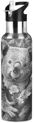 Niigeu Art Koala Ours Australie Bouteille d'eau Isotherme avec Paille en Acier Inoxydable Gourde, Sans BPA Gourdes Eau pour Enfant Sport Randonnée École Bureau (600ml/1L)