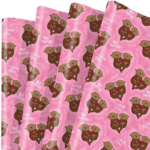 Sanixin Geschenkpapier mit rosa Ottern, niedlicher Otter, Geburtstags-Geschenkpapier für Männer und Frauen, Freunde, Valentinstag, Geburtstag, Jahrestag, Basteln, 50 x 70 cm, 12 Bögen