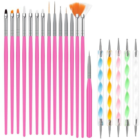 URAQT Nail Art Brushes Set, 15pcs Acrylic Nail Brush Painting Pen and 5pcs Nail Dotting Tools, Nail Pen Designer Nail Art Painting Kit for Diy & Professional Use, Rose Red