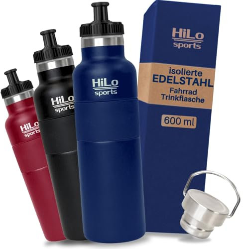 HiLo sports 600 ml Fahrradflasche Edelstahl Isoliert - Für Kunststoff Flaschenhalter - [Pulver Beschichtetes Edelstahl] - Fahrrad Trinkflasche mit 2 Verschlüssen - Thermo Radflasche