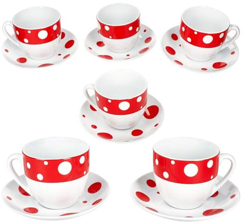 MamboCat Pula rot Kaffeetassen mit Untertassen für 6 Personen I weißes Porzellan-Set mit Punkten für Frühstück & Kaffee I Je 6X Teetassen 200ml & Untertassen