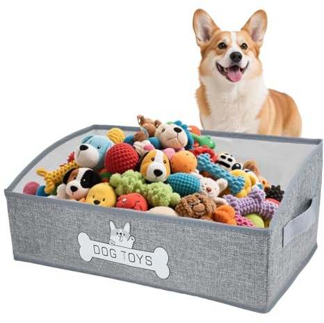 Jiayaus Large Dog Toy Box, Collapsible Dog Toy Basket with Handles, 50x28x20cm Dog Toys Storage, Fabric Pet Storage for Pet Supplies, Toys, Collars, Clothes, Treats (Grey)
