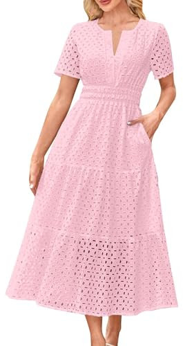Womens Summer Dresses Elegant Eyelet Dress Short Sleeve V Neck Button Wrap Dress Loose Beach Ladies Maxi Sundress Hollow Out Tunic Dress Boho T-Shirt Dress with Pockets 2025 Pink