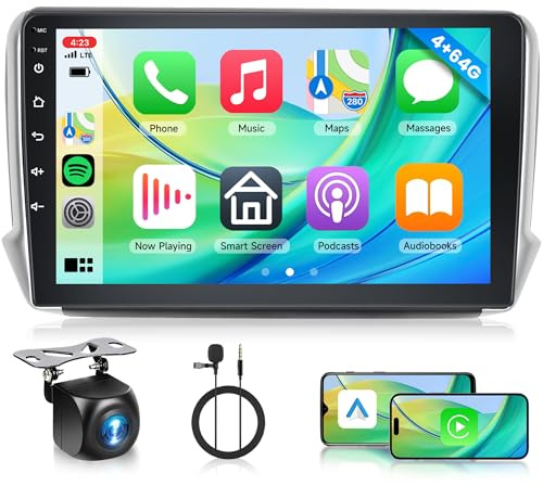 Rimoody 4G+64G Radio Coche para Peugeot 2008 208 2012-2018 10.1 Pulgadas Android Radio Coche con Inalámbrico Carplay Android Auto Navi GPS Mirror Link Bluetooth WiFi FM/RDS/EQ Cámara Trasera