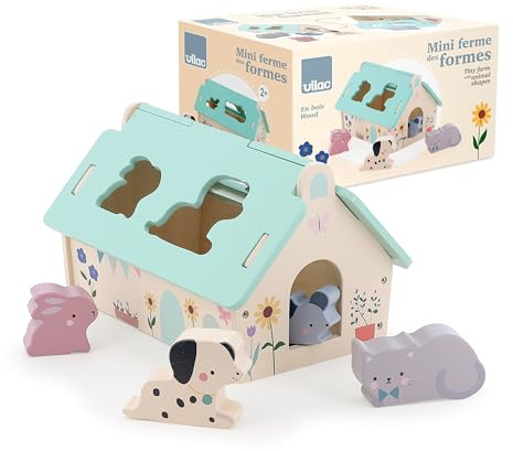 VILAC - Mini Ferme des Formes - Sarah Betz - Jouet Premier Age - 1 boîte à Formes Maison + 4 Animaux en Bois : Chien, Lapin, Chat et Souris. - Jeux d'Eveil - Dès 2 Ans - 7119