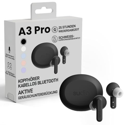 sudio A3 Pro True Wireless Kopfhörer Kabellos Bluetooth | Noise Cancelling In Ear Kopfhörer Bluetooth 5.4 | Aktive Geräuschunterdrückung | 25h Spielzeit | USB-C Ladecase | Schwarz