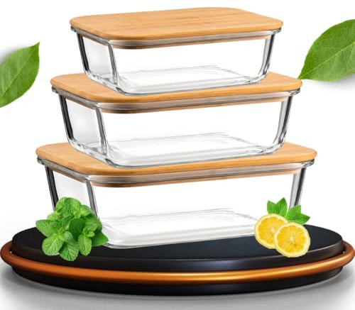 PZASupply Meal Prep - Juego de 3 fiambreras de vidrio para alimentos (ecológicas, con tapas de bambú, apilables, herméticas, congeladores y aptas para lavavajillas)