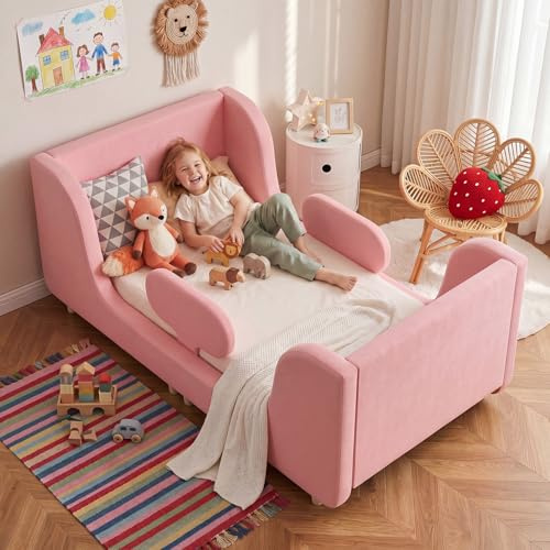 Meulbaty Rosa Süß 70x140cm Kinderbett, Matratze Nicht Enthalten | Niedliche Design, Kiefernholzrahmen + Weich Gepolsterte Kanten, Einfach aufzubauen, ideal für Kinder Mädchen und Jungen