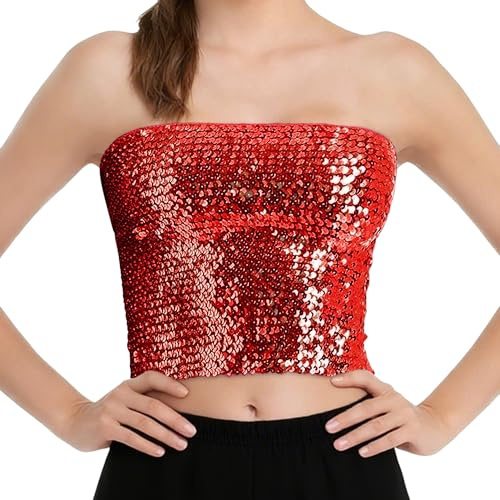 Damen bauchfreies Oberteil mit glitzernden Pailletten, trägerlos, metallisch, Schlauch-Tops für Party, Clubwear