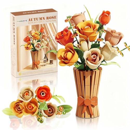 TYONUEYS Blumen Bauspielzeugset für Erwachsene, 868 Stück Rosenstrauß botanische Bausteine, künstliche Blume Bauklötze Bausatz Spielzeug für Geburtstag Valentinstag Weihnachten (NO,13066)