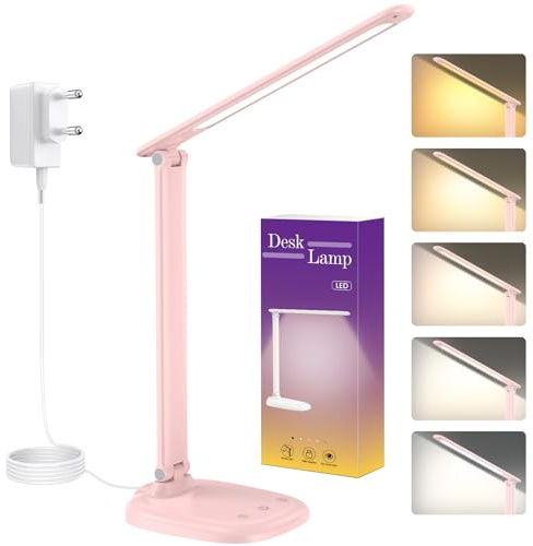 KQPZ Lampe de Bureau LED avec la Fiche, 5 Modes D'éclairage et Luminosité Réglable, Lampe Tactile avec Minuterie et Mémoire, Lampe de Chevet avec Batterie Intégrée, Adaptée Lecture