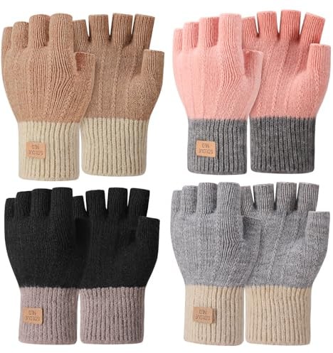 kodinsiivous 4 Paare Fingerlose Handschuhe Damen Winter, Winterhandschuhe mit Fleecefutter Warme Strickhandschuhe Thermo Gloves Geschenk für Damen Frauen
