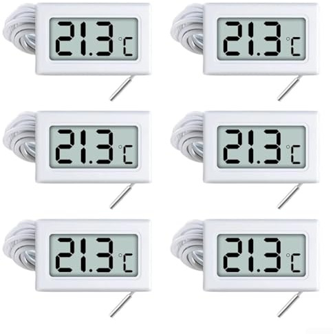 Honseadek 6 Stück Digitale Thermometer mit externen Sonden, -50 °C bis 110 °C Messbereich für Kühlschränke, Gefrierschränke, Aquarien, Gewächshäuser (weiß)