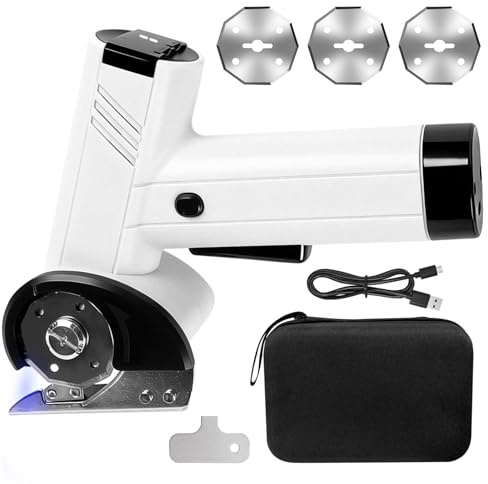 Kqpoinw Ciseaux Electrique Tissu Couture, Ciseaux électriques sans fil avec Verrouillage de Sécurité, Cutter Rotatif Rechargeable Couture avec 2 Lames pour Tissus, Cuir, Moquette, Carton, Plastique