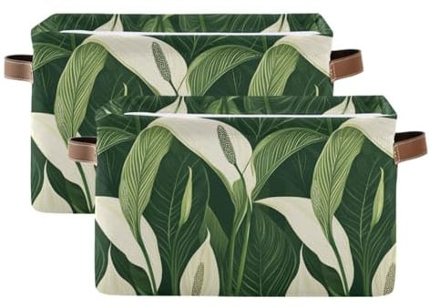 tplaotee Chic White Peace Lily Flowers Green Leaves storage baskets,folding and waterproof organizers and storage basket with sturdy handle bags unit unit set of 2 for rv sweater