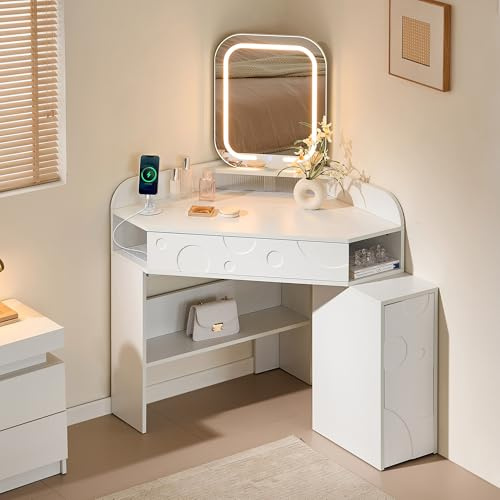 CLIPOP Corner Dressing Table with Charging Station LED Mirror White | Open Shelves, Extendable Cabinet, Bedroom Makeup Vanity Desk for Girls Women, Cheese Pattern