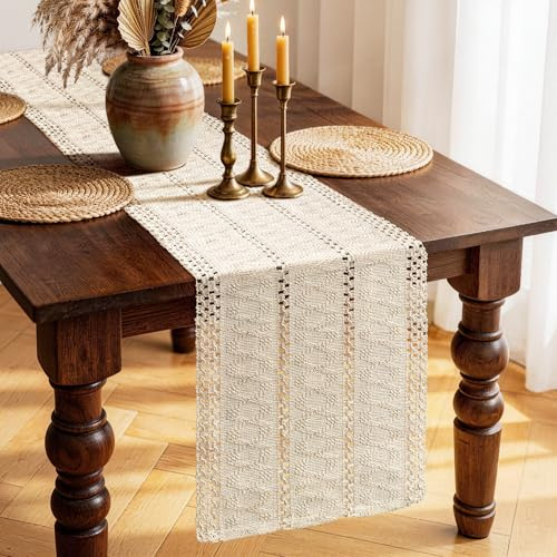 Tischläufer Beige Weiß Boho Makramee, Tisch Läufer Creme, Handgewebte Baumwolle Leinen Table Runner im Landhausstil, Tischdecke für Esstisch, Hochzeit, Küchentisch, Party Deko 30x180 cm
