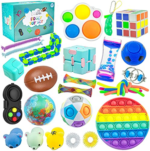 Fidget Toy Set 28-TLG Anti Stress Spielzeug Pop It Set mit Squishy Mochi Stressball Fidget Spinner Anxiety Ring Anti Stress Ball Sensorik Toys | Geschenkbox für Kinder und Erwachsene