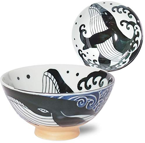 Minoru Touki White Wave Whale Blue Ceramic Rice Bowl Small φ4.72×H2.4in 5.64oz Made in Japan