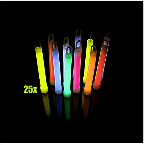 Kontor3.11 GmbH 25er Pack Power-Knicklichter/Knicklicht (15cm) inkl. Spezialhaken und Befestigungsband im 6-Farb-Mix leuchtend für Party, Festival oder als Dekoration